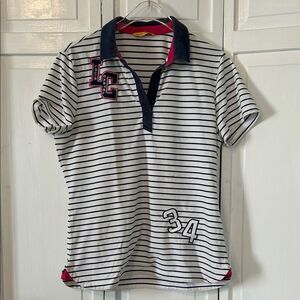 Louis Castel Golf Striped Navy and White with designer patches polo Size S